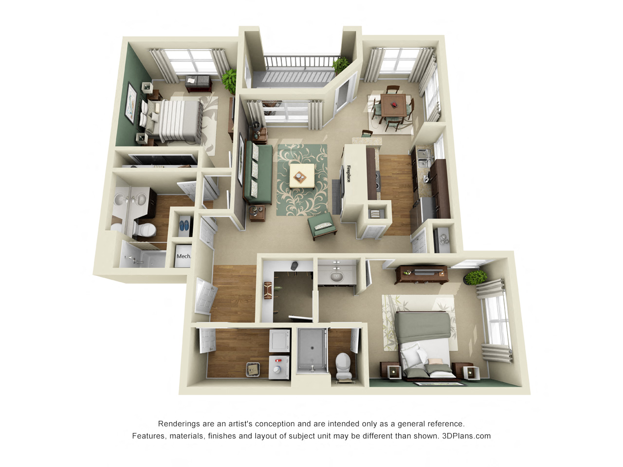 Floor plan for 2 beds, 2 baths, 1219 sqft